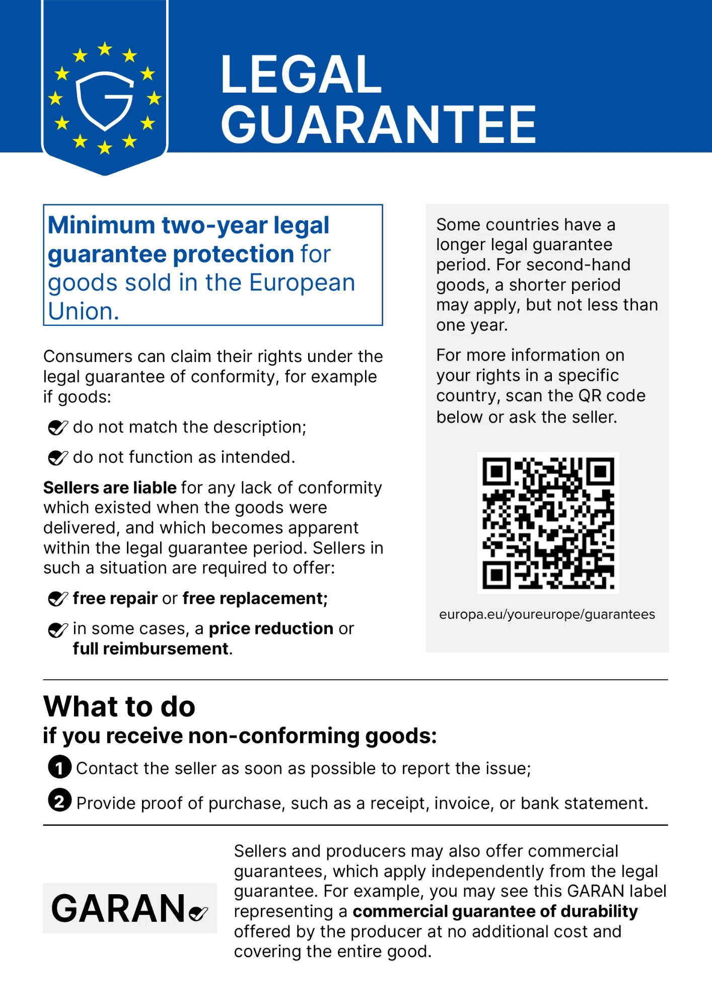 EU harmonised notice: legal guarantee